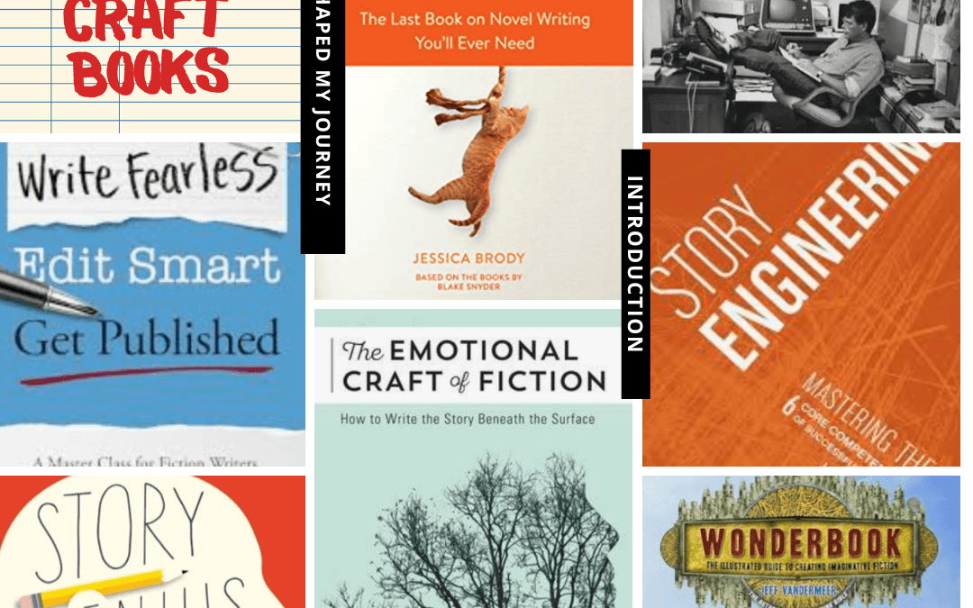 Writing Craft Books That Shaped My Journey: Introduction. Title is on a library card and the covers of the books in the series are in a collage.