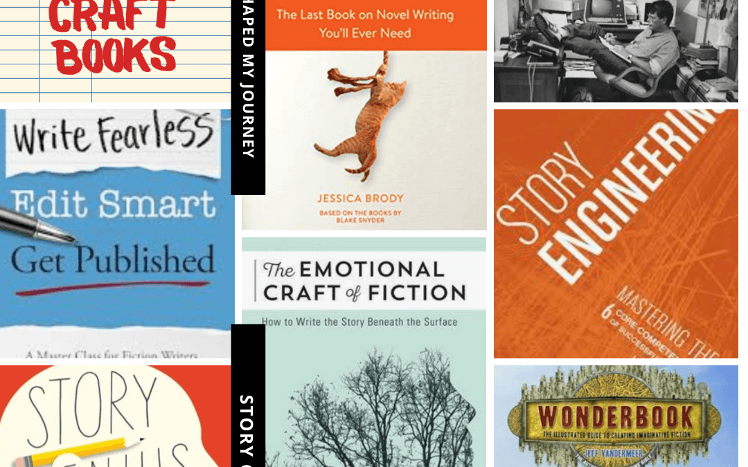 Writing Craft Books That Shaped My Journey: Story Genius. Title is on a library card and the covers of the books in the series are in a collage.