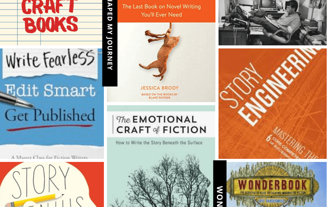 Writing Craft Books that Shaped my Journey - Wonderbook by Jeff Vandemeer. The cover of this book is placed in the center bottom, with the other books of the series surrounding it.